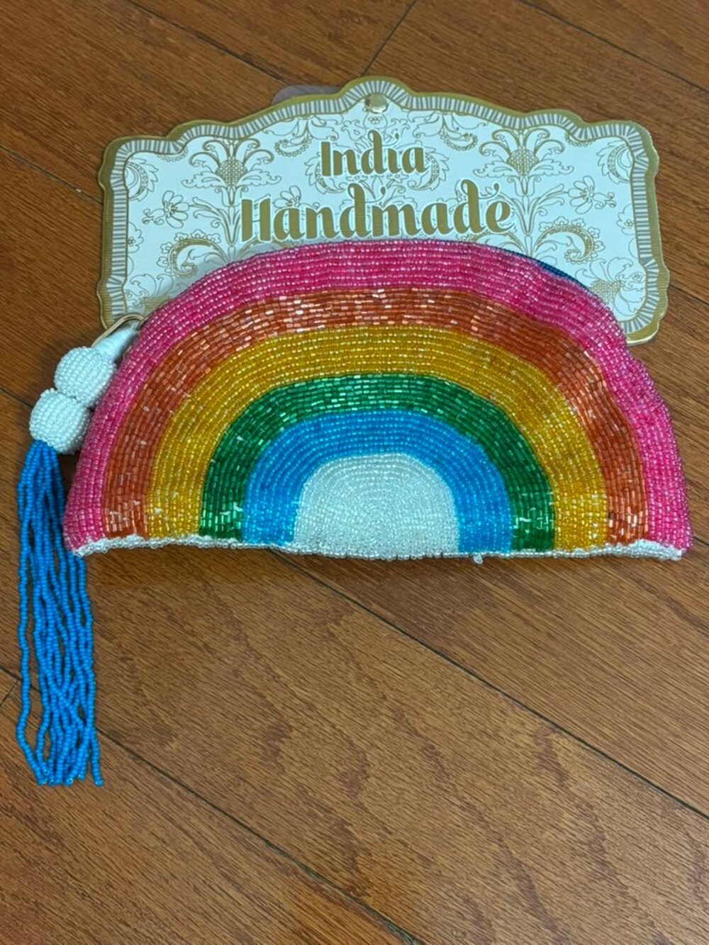 Made In India Handmade Beaded Tasseled Rainbow Zip-Around Pouch Wallet
